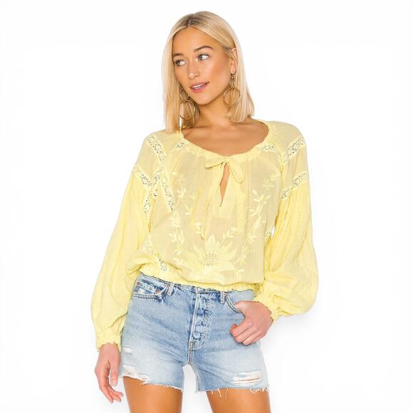 Free People Tops - Free People REVOLVE Women's Maria Maria Lace Blouse Size L Yellow Peasant Top